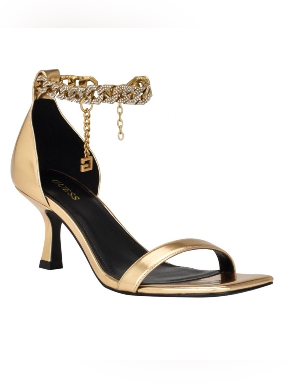 Guess Gold Metallic Crystal-Chain Ankle Strap Heels